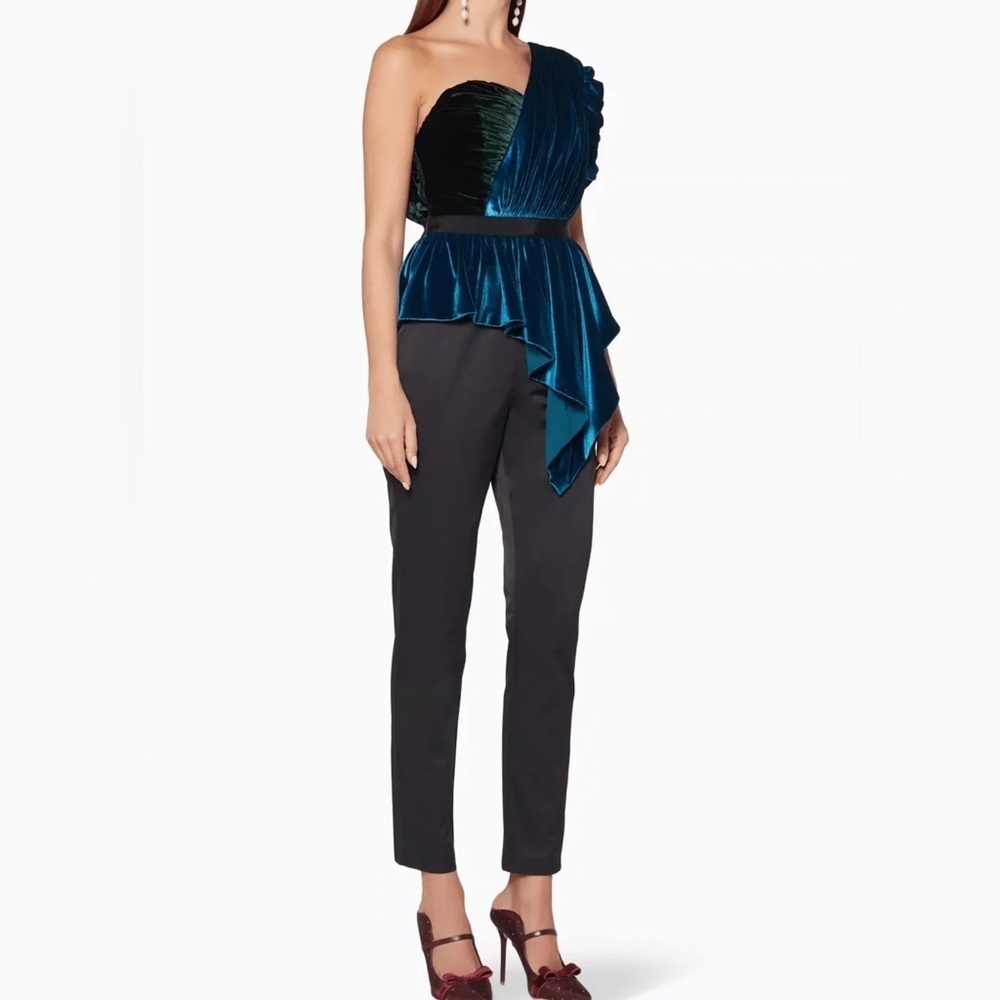 NWT self portrait one shoulder velvet jumpsuit green teal size 8